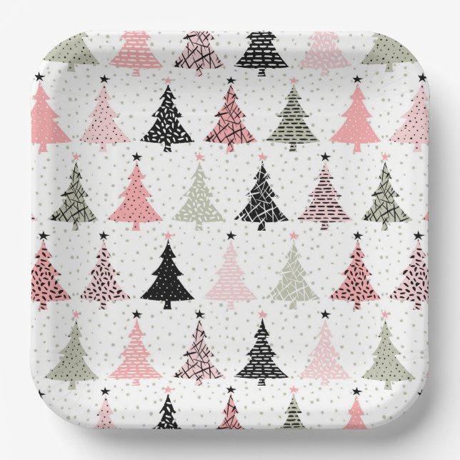 Christmas Tree Pink & Green with White Background Paper Plate (Front)