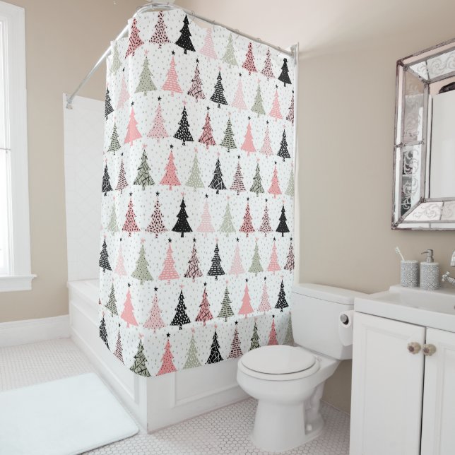 Christmas Tree Pink & Green with White Background Shower Curtain (In Situ)