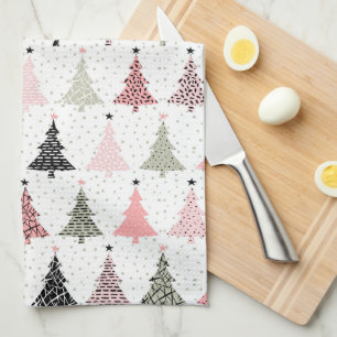 Christmas Tree Pink & Green with White Background Tea Towel