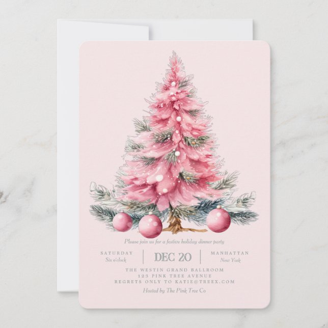 Christmas Tree Pink Holiday Dinner Invitation (Front)