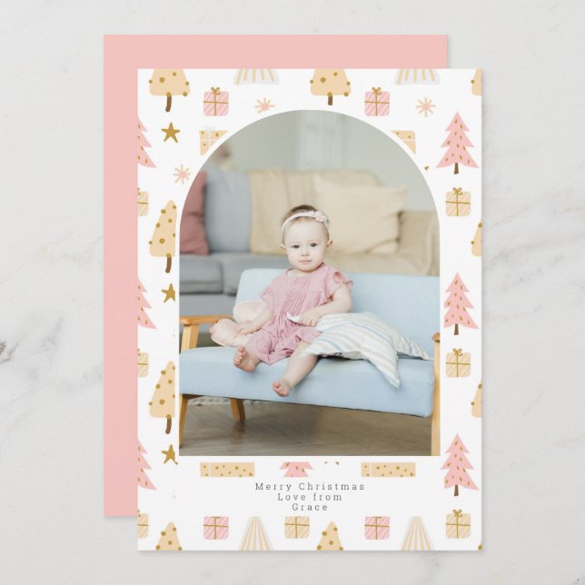 Christmas Tree Pink Pattern Photo Personalised Holiday Card (Front/Back)