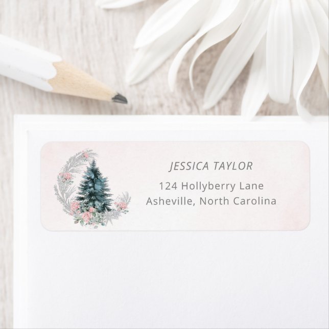 Christmas Tree Pink Silver Return Address Label (Insitu)