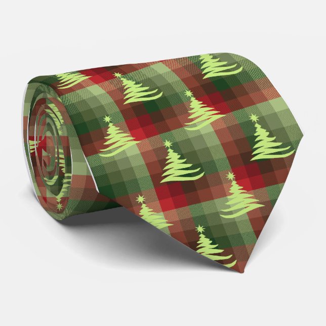 Christmas Tree Plaid Forest Green Single-Sided Tie (Rolled)