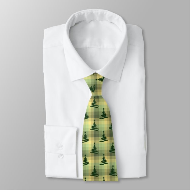 Christmas Tree Plaid Sage Green Two-Sided Tie (Tied)