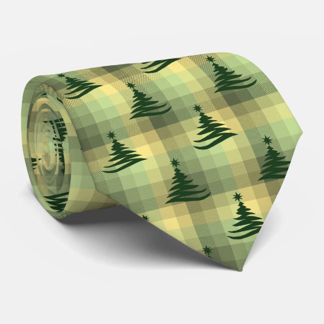 Christmas Tree Plaid Sage Green Two-Sided Tie (Rolled)
