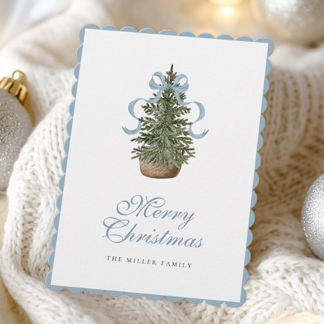 Christmas Tree Preppy Bow Blue Christmas Holiday Card (Creator Uploaded)