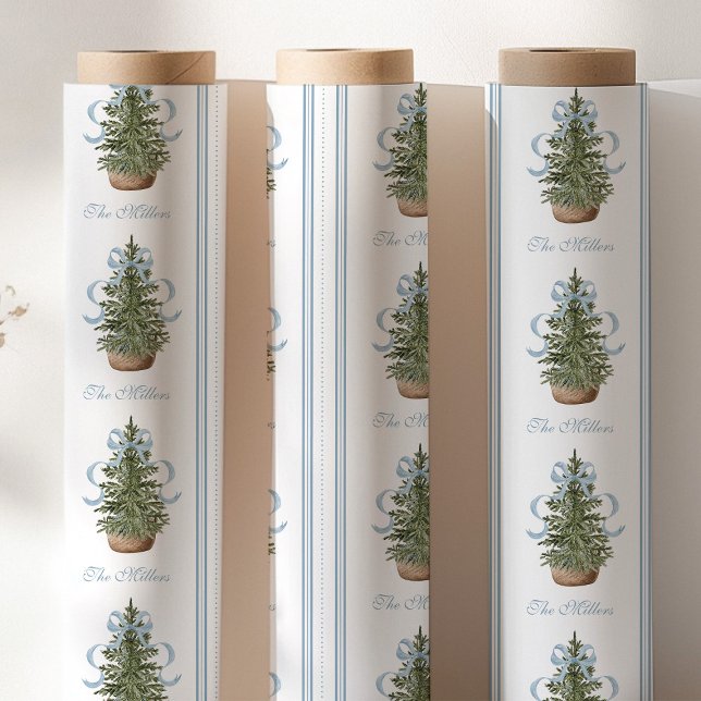 Christmas Tree Preppy Bow Blue Christmas Wrapping Paper (Creator Uploaded)