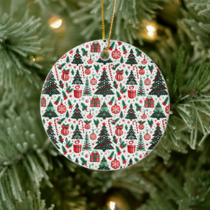 Christmas tree, presents, candy cane ceramic ornament