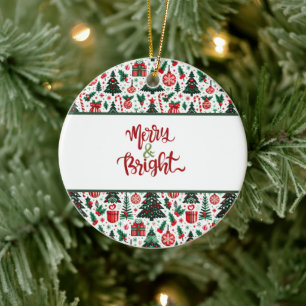 Christmas tree, presents, candy cane ceramic ornament