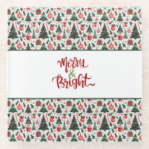 Christmas tree, presents, candy cane glass coaster