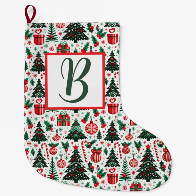 Christmas tree, presents, candy cane large christmas stocking (Front)