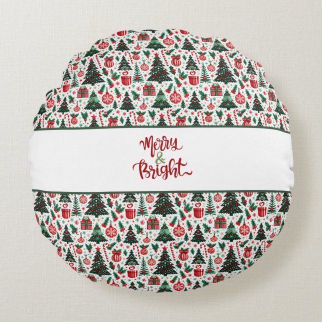 Christmas tree, presents, candy cane round cushion (Front)