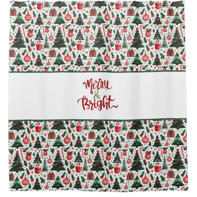 Christmas tree, presents, candy cane shower curtain (Front)