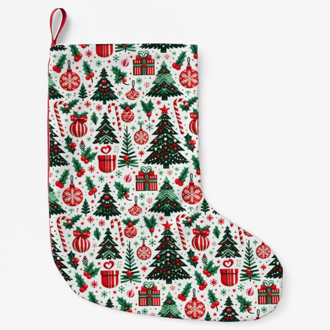 Christmas tree, presents, candy cane small christmas stocking (Front)