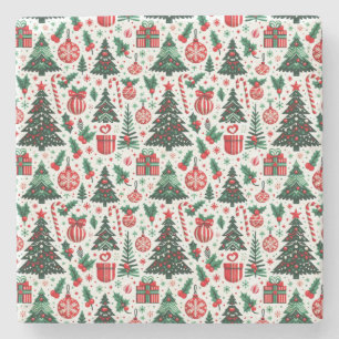 Christmas tree, presents, candy cane stone coaster