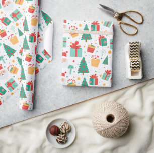 Christmas Tree Presents Colourful Pattern Xmas Gif Wrapping Paper