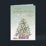 Christmas tree, presents, Granddaughter & Partner Holiday Card<br><div class="desc">Christmas tree with a lot of decorations and presents set against a pale green background with sparkling stars. A Gorgeous Christmas card for your Granddaughter and her Partner. You can adjust text according to your requirements.</div>