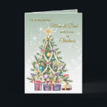 Christmas tree, presents, Mum and Dad Holiday Card<br><div class="desc">Christmas tree with a lot of decorations and presents set against a pale green background with sparkling stars. A Gorgeous Christmas card for Parents. You can adjust text according to your requirements.</div>