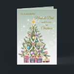 Christmas tree, presents, Mum and Dad Holiday Card<br><div class="desc">Christmas tree with a lot of decorations and presents set against a pale green background with sparkling stars. A Gorgeous Christmas card for Parents. You can adjust text according to your requirements.</div>