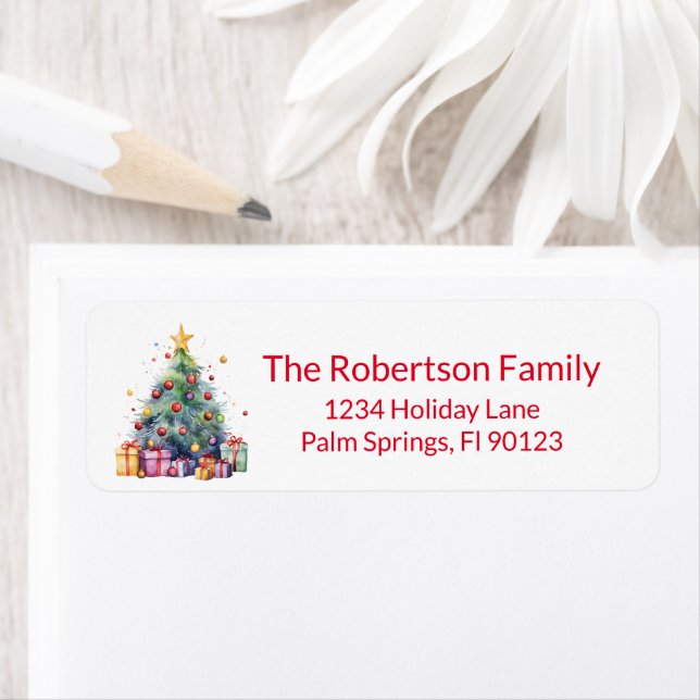 Christmas Tree Presents Red Return Address Label (Insitu)