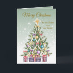 Christmas tree, presents, Sister & her family Holiday Card<br><div class="desc">Christmas tree with a lot of decorations and presents set against a pale green background with sparkling stars. A Gorgeous Christmas card for a special Sister and her family. You can adjust text according to your requirements.</div>