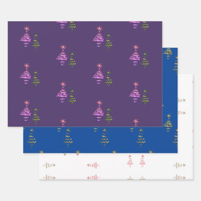 Christmas Tree Purple Navy White Gold Metallic Wrapping Paper Sheet (Set)