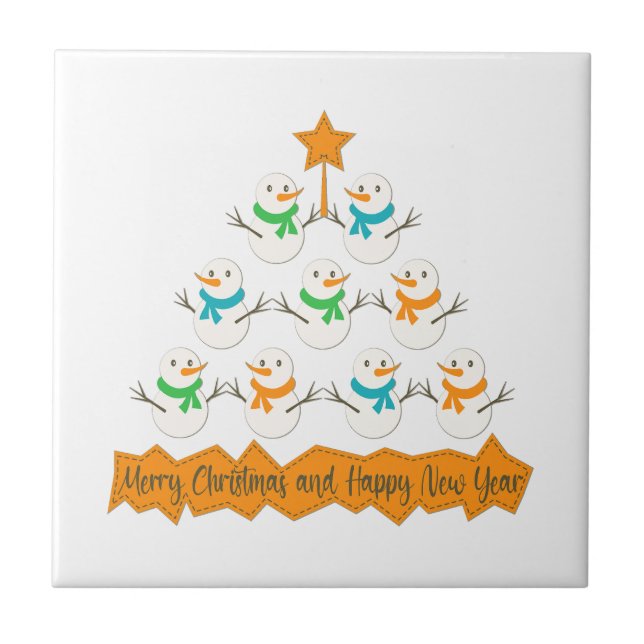 Christmas tree pyramid made of xmas snowmen ceramic tile (Front)
