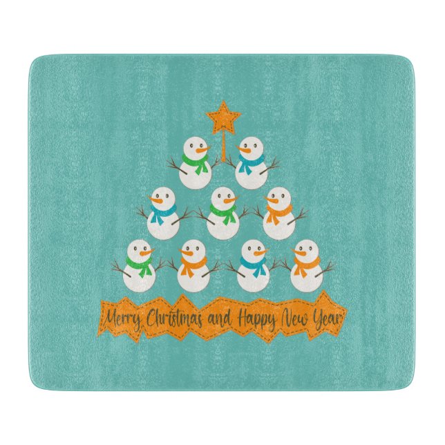 Christmas tree pyramid made of xmas snowmen cutting board (Front)