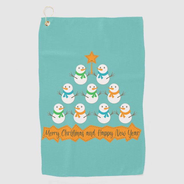Christmas tree pyramid made of xmas snowmen golf towel (Front)