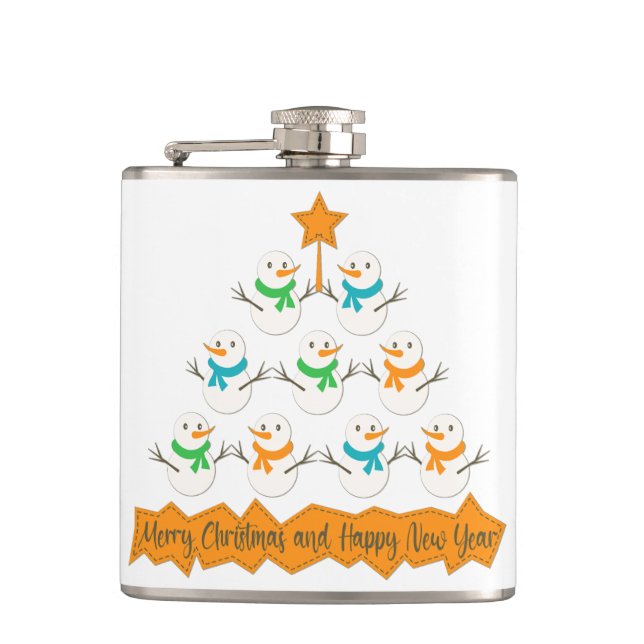 Christmas tree pyramid made of xmas snowmen hip flask (Front)