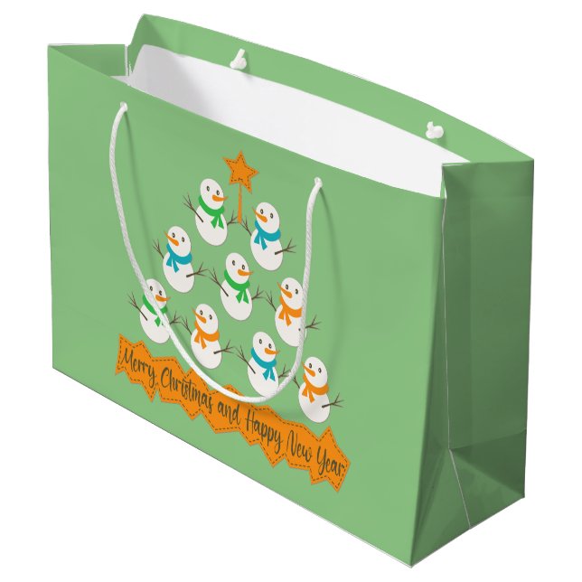 Christmas tree pyramid made of xmas snowmen large gift bag (Back Angled)