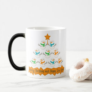 Christmas tree pyramid made of xmas snowmen magic mug