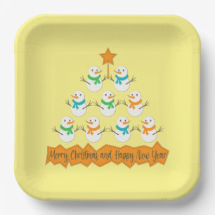 Christmas tree pyramid made of xmas snowmen paper plate