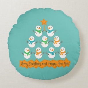 Christmas tree pyramid made of xmas snowmen round cushion