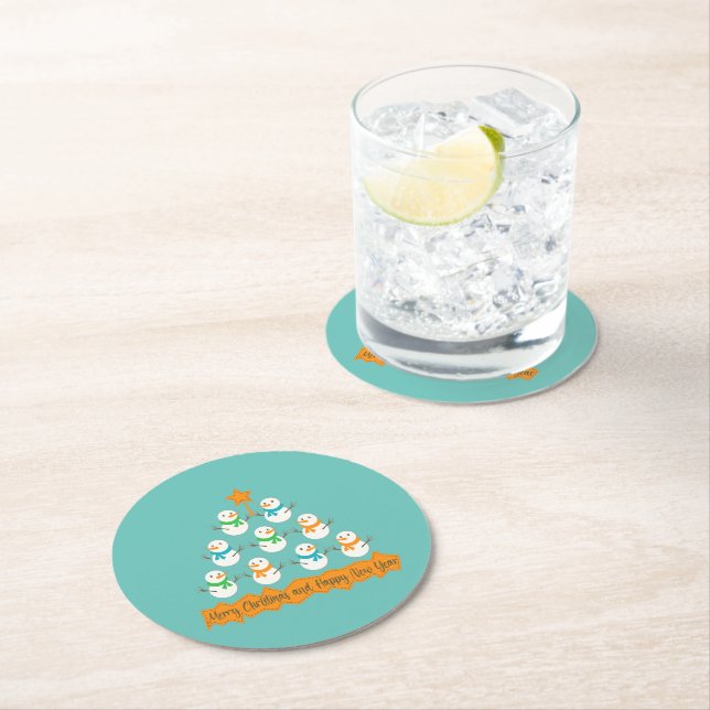 Christmas tree pyramid made of xmas snowmen round paper coaster (Insitu)