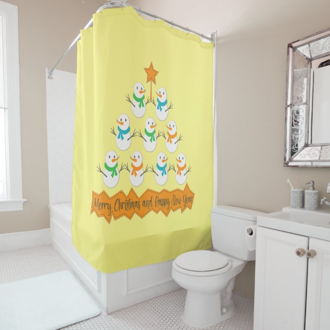 Christmas tree pyramid made of xmas snowmen shower curtain (In Situ)