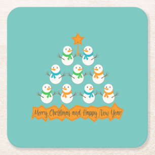 Christmas tree pyramid made of xmas snowmen square paper coaster