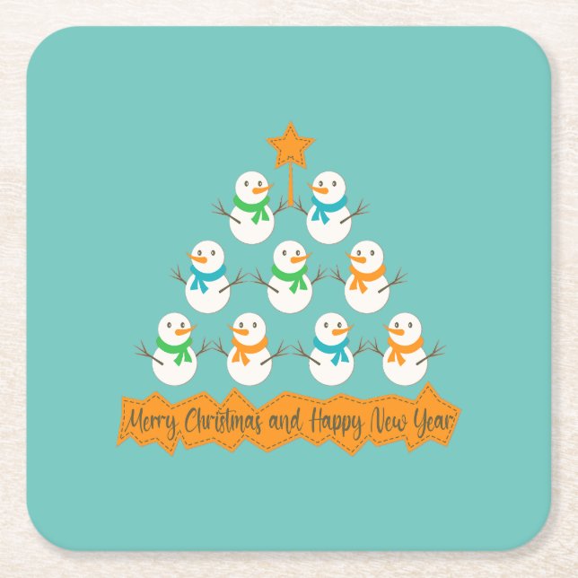 Christmas tree pyramid made of xmas snowmen square paper coaster (Front)