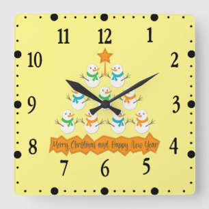 Christmas tree pyramid made of xmas snowmen square wall clock