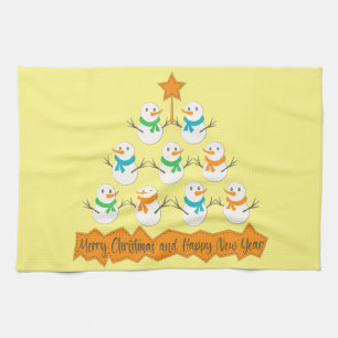 Christmas tree pyramid made of xmas snowmen tea towel