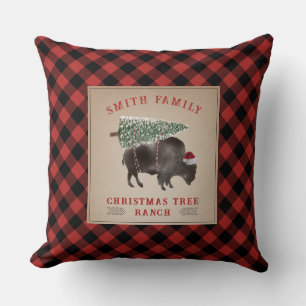 Christmas Tree Ranch Bison Buffalo Plaid  Cushion
