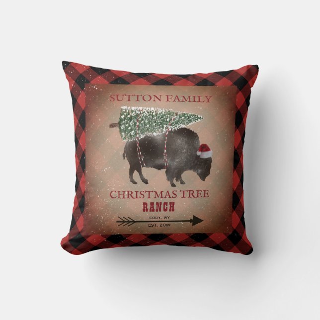Christmas Tree Ranch Buffalo Plaid Bison Santa Cushion (Front)