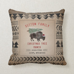 Christmas Tree Ranch Santa Bison Buffalo Burlap Cushion