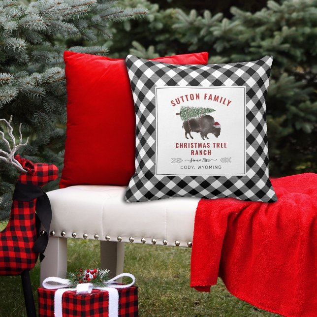 Christmas Tree Ranch Santa Bison Buffalo Plaid Cushion (Creator Uploaded)