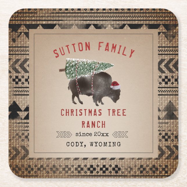 Christmas Tree Ranch Santa Bison Burlap Square Paper Coaster (Front)