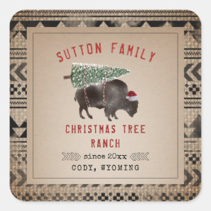 Christmas Tree Ranch Santa Bison Burlap Square Sticker