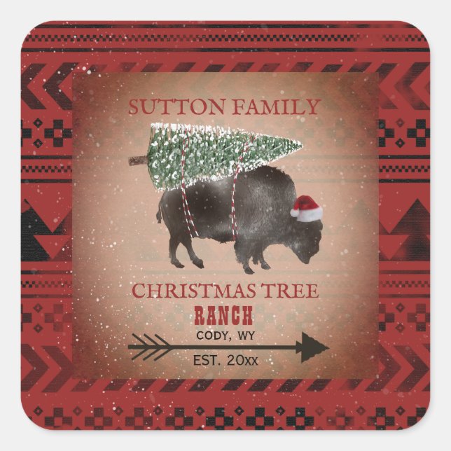 Christmas Tree Ranch Santa Bison Geometric Pattern Square Sticker (Front)