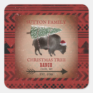 Christmas Tree Ranch Santa Bison Geometric Pattern Square Sticker
