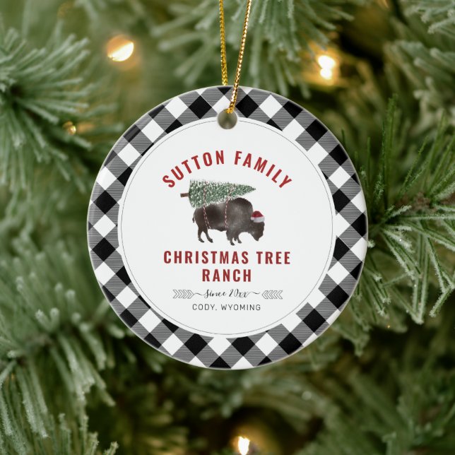 Christmas Tree Ranch Santa Buffalo Plaid Pattern Ceramic Ornament (Tree)