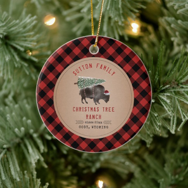 Christmas Tree Ranch Santa Buffalo Rustic Plaid Ceramic Ornament (Tree)